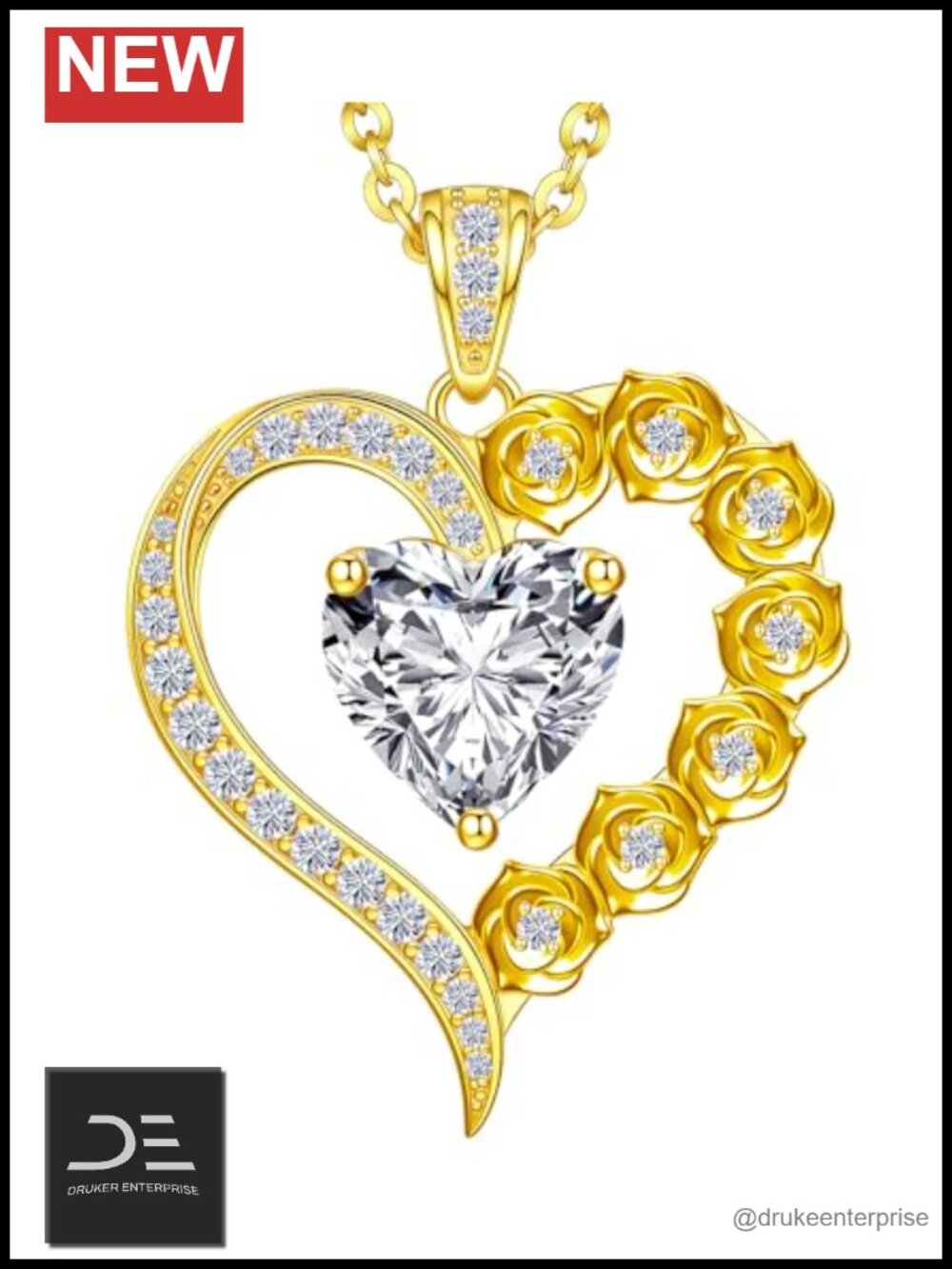 2-3 Carat Moissanite Rose Flower Heart Pendant Necklace, Sterling Silver with